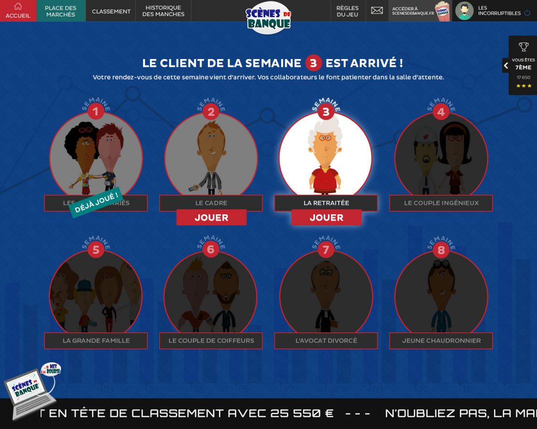 Webdesign : accueil du serious game avec profils des clients