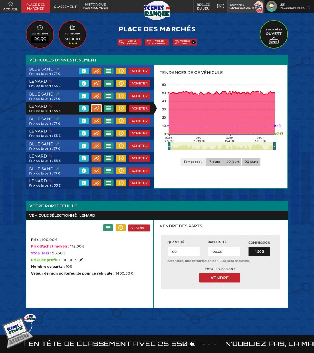 Maquettes de la partie jeu boursier